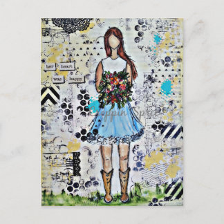 Country Girl. Original Mixed Media Art Postcard