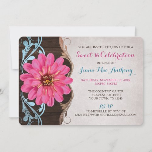 Country Girl Pink Zinnia Sweet 16 Invitations