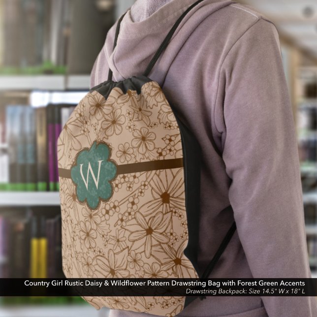 Country Girl Rustic Daisy & Wildflower Pattern Drawstring Bag (Country Girl Rustic Daisy & Wildflower Pattern Drawstring Bag. Customized with Your Initial. Green.)