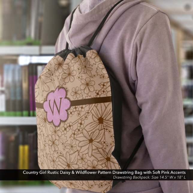 Country Girl Rustic Daisy & Wildflower Pattern Drawstring Bag (Country Girl Rustic Daisy & Wildflower Pattern Drawstring Bag. Customized with Your Initial. Pink.)