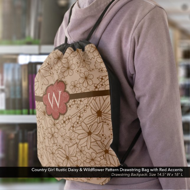 Country Girl Rustic Daisy & Wildflower Pattern Drawstring Bag (Country Girl Rustic Daisy & Wildflower Pattern Drawstring Bag. Customized with Your Initial. Red.)