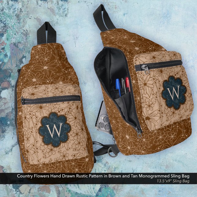 Country Girl Rustic Floral Pattern Blue Brown Sling Bag (Sling Bag: Country Flowers Hand Drawn Rustic Pattern in Brown and Tan with a Navy Blue Monogram)