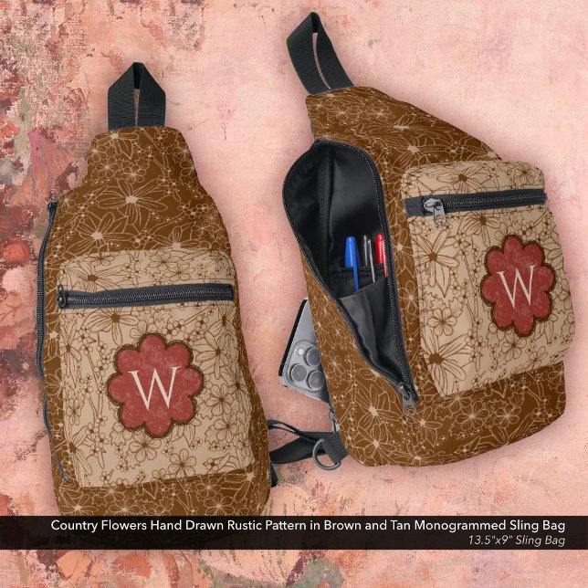 Country Girl Rustic Floral Pattern Red Brown Sling Bag (Sling Bag: Country Flowers Hand Drawn Rustic Pattern in Brown and Tan with a Brick Red Monogram)
