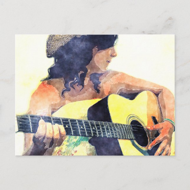 Country Girl with Acoustic Guitar Water Color Postcard (Front)