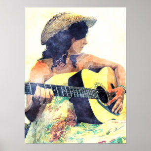 Country Girl with Acoustic Guitar Water Color Poster