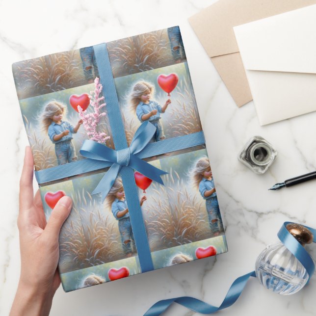 Country Girl with Red Heart Balloon Wrapping Paper (Gifting)