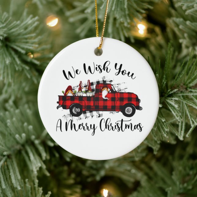 Country gnome Christmas truck add sentiment Ceramic Ornament (Tree)