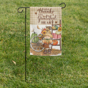 Country Gnome Give Thanks with a Grateful Heart Garden Flag
