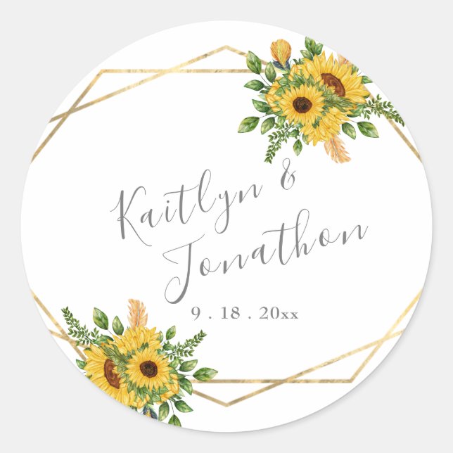 Country Gold Geometric Framed Sunflower Leaf Classic Round Sticker (Front)