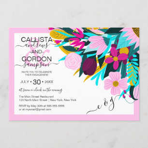Country Golden Pink Floral Leaf Border Engagement Invitation