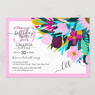 Country Golden Pink Floral Leaves Border Birthday Invitation
