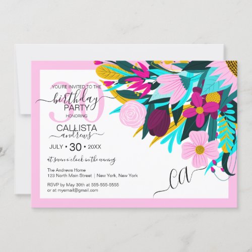 Country Golden Pink Floral Leaves Border Birthday Invitation