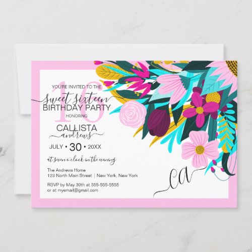 Country Golden Pink Floral Leaves Border Sweet 16 Invitation