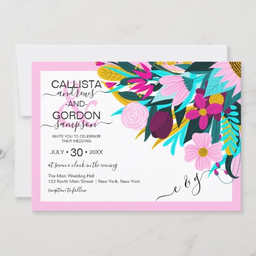 Country Golden Pink Floral Leaves Border Wedding Invitation