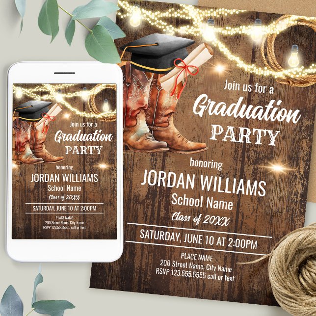 Country Graduation Cowboy Graduate Boots Hat Invitation (Creator Uploaded)
