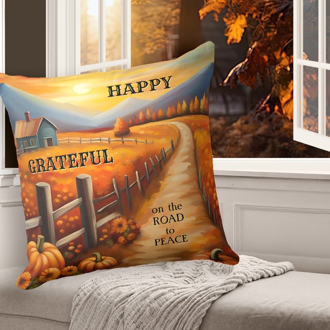 Country Grateful Fall Thanksgiving Throw Pillow (Colorful Thanksgiving pillow featuring an autumn country landscape with farm and pumpkins at sunset)