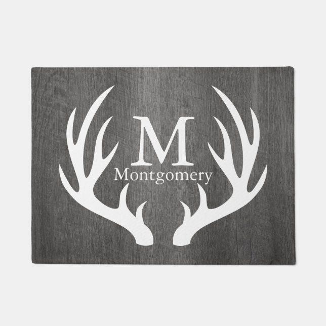 Country Gray Distressed Wood White Deer Antlers Doormat (Front)