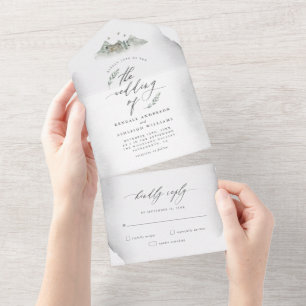 Country Gray Watercolor Leaves & Mountain Wedding All In One Invitation