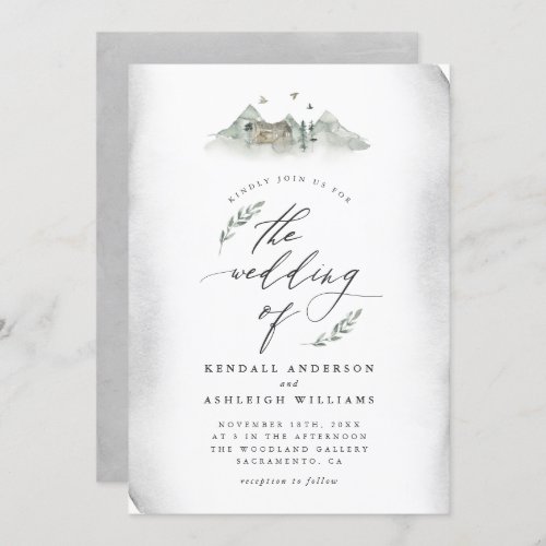 Country Gray Watercolor Leaves  Mountain Wedding Invitation