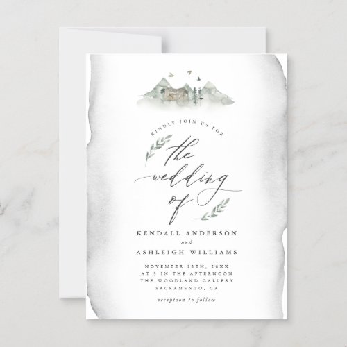 Country Gray Watercolor Leaves  Mountain Wedding Magnetic Invitation