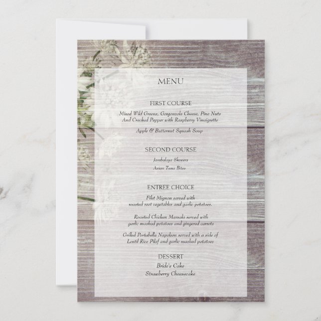 Country Gray Wood Floral Wedding Reception Menu Invitation (Front)