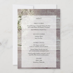 Country Gray Wood Floral Wedding Reception Menu Invitation