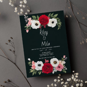 Country green red white roses floral Wedding Invitation