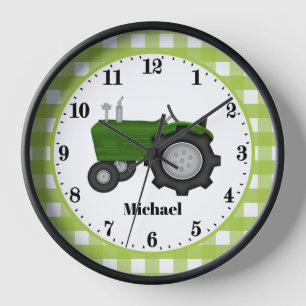 Country green tractor add name boys room decor clock