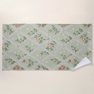 Country Green Vintage Flower  Beach Towel