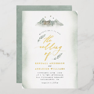 Country Green Watercolor Leaves & Mountain Wedding Foil Invitation