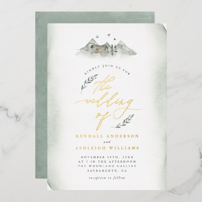 Country Green Watercolor Leaves & Mountain Wedding Foil Invitation (Front/Back)