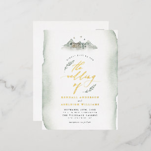 Country Green Watercolor Leaves & Mountain Wedding Foil Invitation Postcard