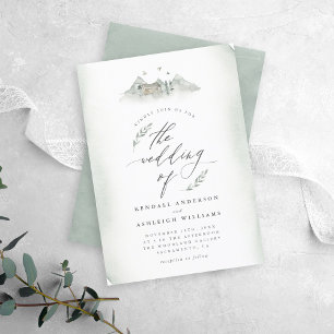 Country Green Watercolor Leaves & Mountain Wedding Invitation