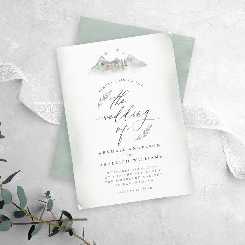 Country Green Watercolor Leaves  Mountain Wedding Invitation