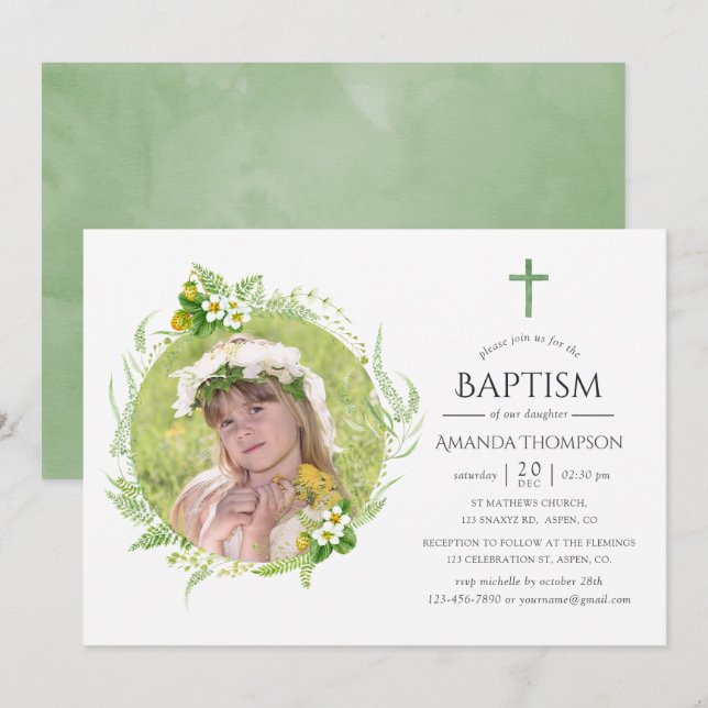 Country Greenery Baptism or Christening Invitation (Front/Back)
