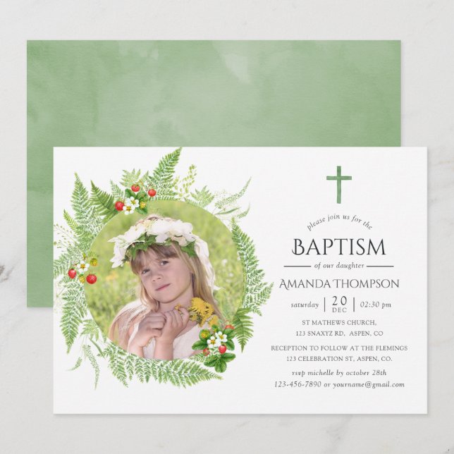 Country Greenery Baptism or Christening Invitation (Front/Back)