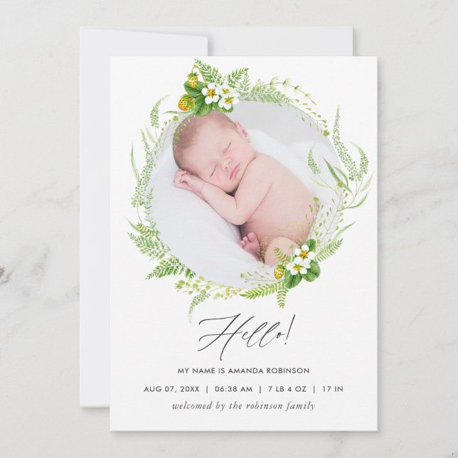 Country Greenery Birth Announcement Photo Card (Front)