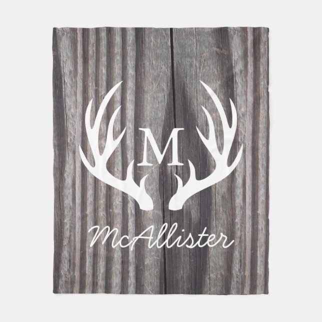 Country Grey Wood Deer Antlers Personalized Fleece Blanket (Front)