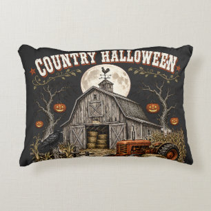 Country Halloween Pumpkin Barn Farm Tractor Accent Pillow