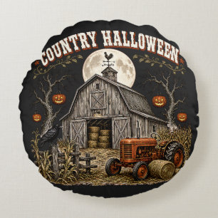 Country Halloween Pumpkin Barn Farm Tractor Round Pillow