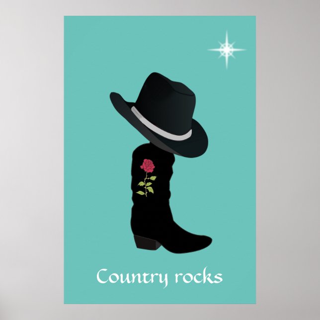 Country Hat and Boot on Teal Poster (Front)