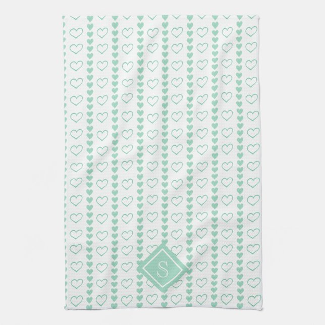 Country Heart Stripes Pattern Monogram Kitchen Towel (Vertical)