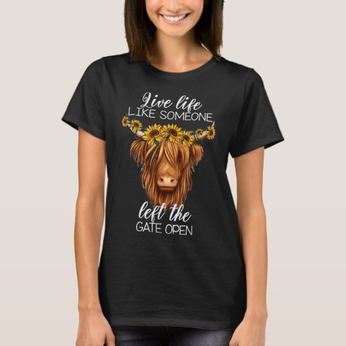 Country Heifer Highland Cow With Sunflowers Farm F T_Shirt