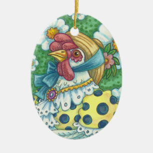 COUNTRY HEN, POLKA DOT CHICKEN ORNAMENT Oval