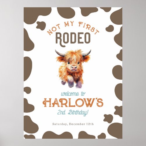 Country Highland Cow Not My First Rodeo Birthday Poster