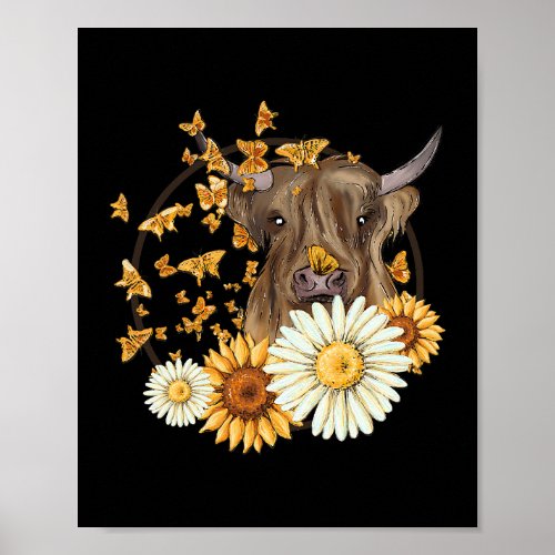 Country Highland Cow Wild Sunflowers Butterflies 4 Poster