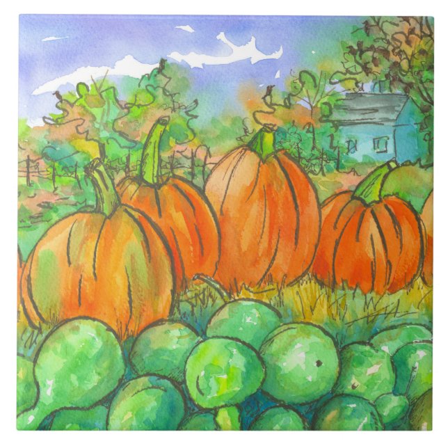 Country Home Pumpkin Patch Autumn Trees Ceramic Tile (Front)