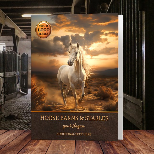 Country Horse Barn Stables Professional Pocket Folder (Professional pocket folder featuring a painting of a white horse - with QR code and logo template)
