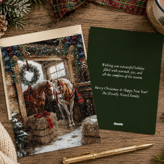 Country Horse Stable WInter Tartan Plaid Christmas Holiday Card