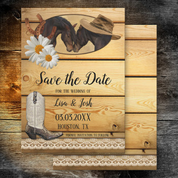 Country Horses Rustic Wood Lace Save The Date Card by AnnesWeddingBoutique at Zazzle